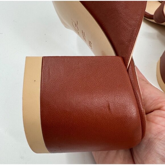 AGL Brown Moon Thong Leather Block Heel Sandals 38.5 or US 8.5 Made In Italy - Picture 5 of 11